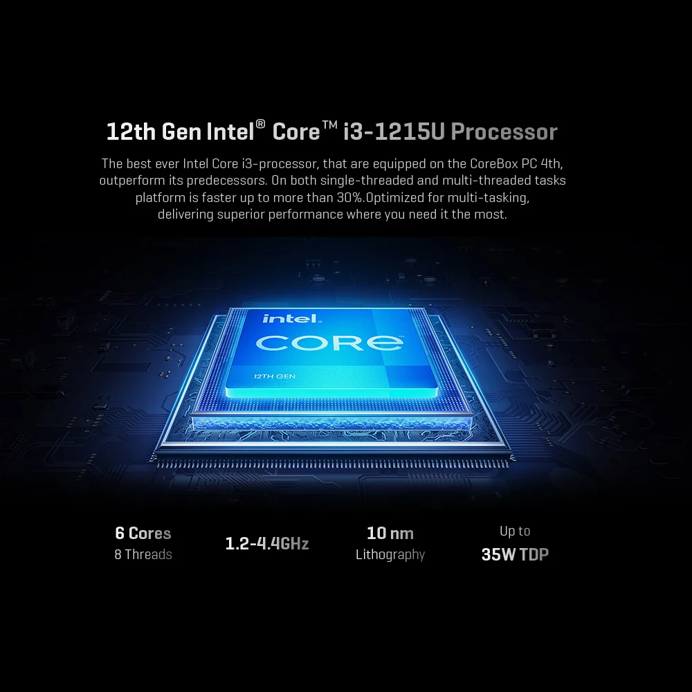 CHUWI-CoreBox Windows 11 computador, Intel Core i3-1215U Gaming PC, gráficos UHD, 8K decodificação, 16GB LPDDR5, 512GB SSD, WiFi 6