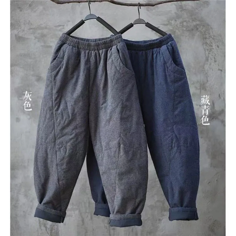 文学的な綿麻素材の秋冬用ハーレムパンツ、女性用厚手の綿ズボン、伸縮性ウエスト、暖かい足首丈パンツ