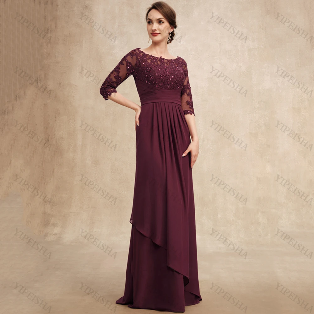 Scoop Neck Breite taille Burgund Mutter Der Braut Kleider Halb Hülse Spitze Appliques Pailletten Chiffon Lange Hochzeit Prom kleid