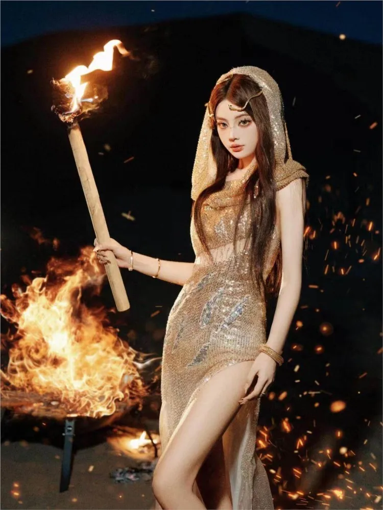 

A complete set of new styles including rustic gold upgraded slanted slit dress long and hat