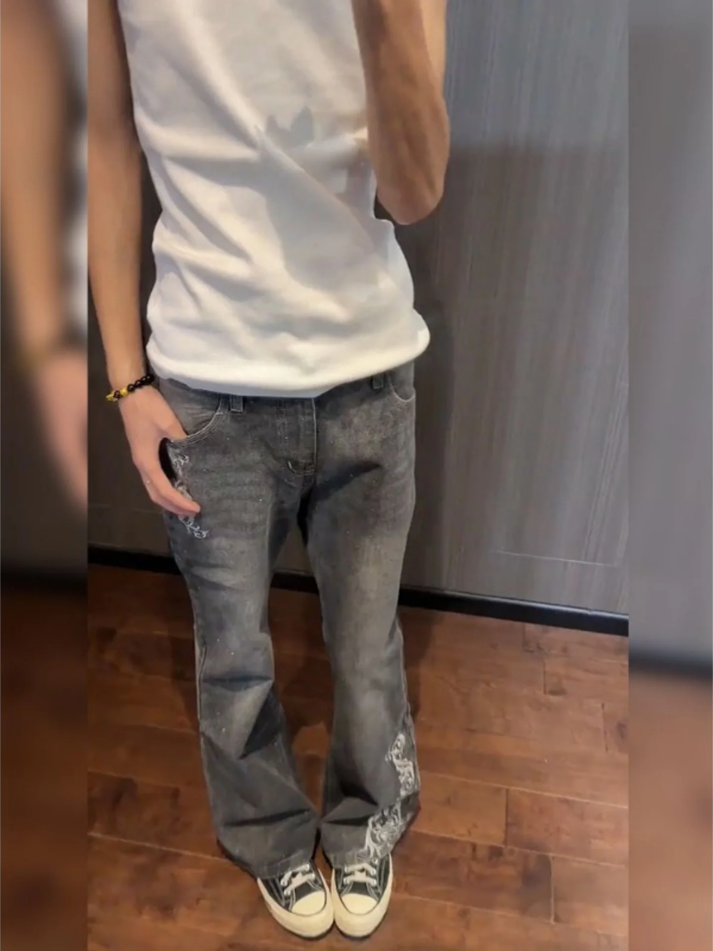 Retro American Grey Denim Jeans Men's Heavy Duty Rhinestone Straight Leg Micro Flared Long Pants Slimming High Street Style