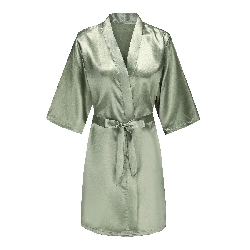 Grass Green Women\'s White Letter Bride Bridesmaid Short Satin Robes for Wedding Party Getting Ready