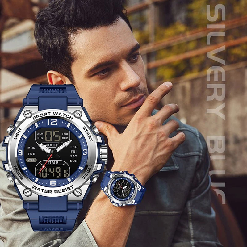 Fashionable Men's Wristwatch with Alloy Dial, Dual Display Electronic Sports Watch for Young Middle and High School Students