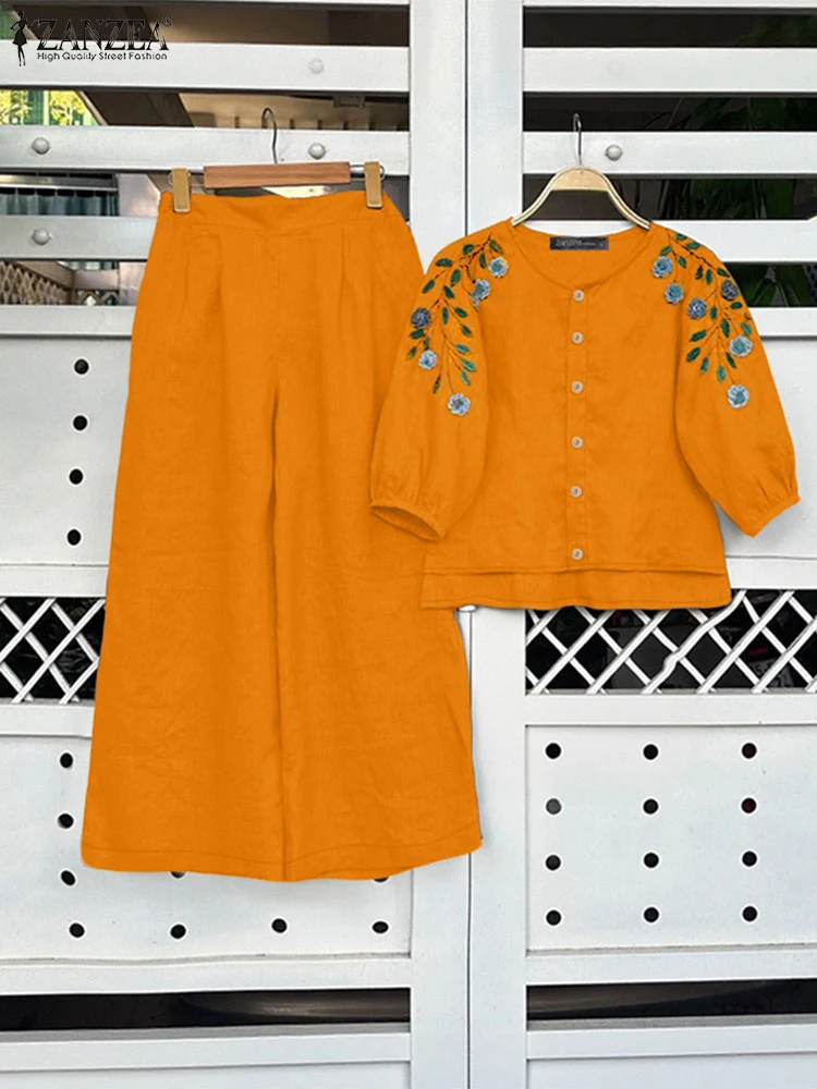 

ZANZEA Wide Leg Pants Woman 2 Piece Sets Loose Floral Embroidery 3/4 Sleeve Shirts Casual Day Wear Pant Sets Two Piece Outfits