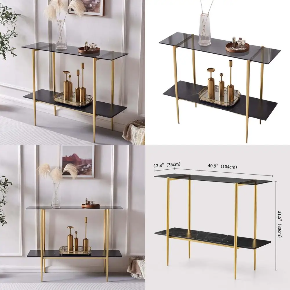 

Mid-Century Modern 2-Tier Console Table with Grey Glass Top, Black Marble Shelf, Gold Frame for Living Room and Foyer