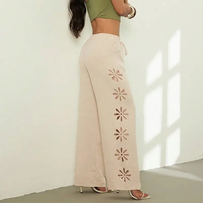Women's Casual Hollow Floral Wide Leg Trousers Elegant Solid High Waist Drawstring Loose Pants Vacation Streetwear 2026 Spring