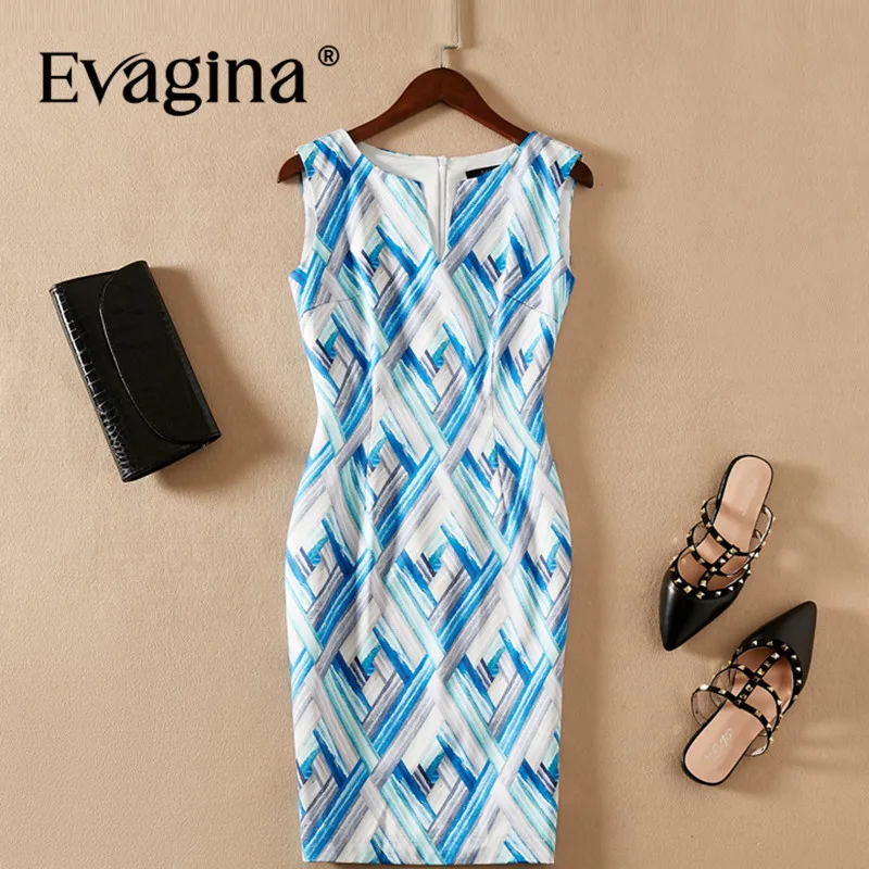 Evagina Fashion Design Spring Summer Women's Sleeveless Printing Pretty Slim-Fit Hip Wrap High Street Light Blue S-XXL Dresses