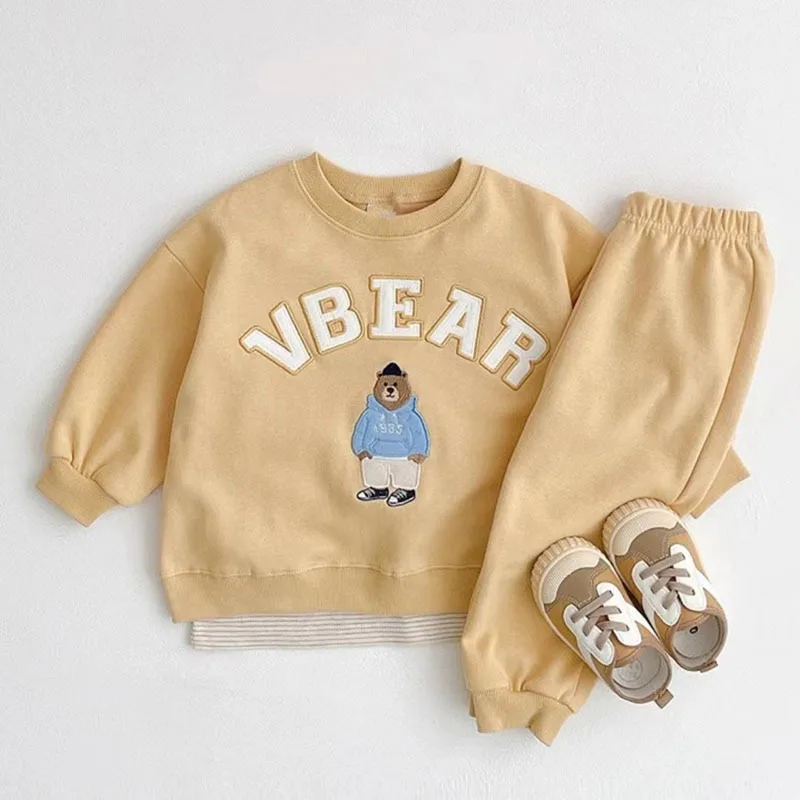 Baby Boy Girl Clothing Sets Children Bear Pullover Sweatshirts + Simple Solid Cotton Sports Pants 2pc Kids Clothes Boy New Suit