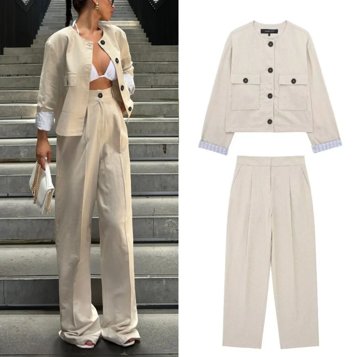 TRAF Casual Retro Chic Office Ladies Suit Solid Color Women\'s Suit Pocket Blazer Straight Loose Pants 2024 Summer New Fashion