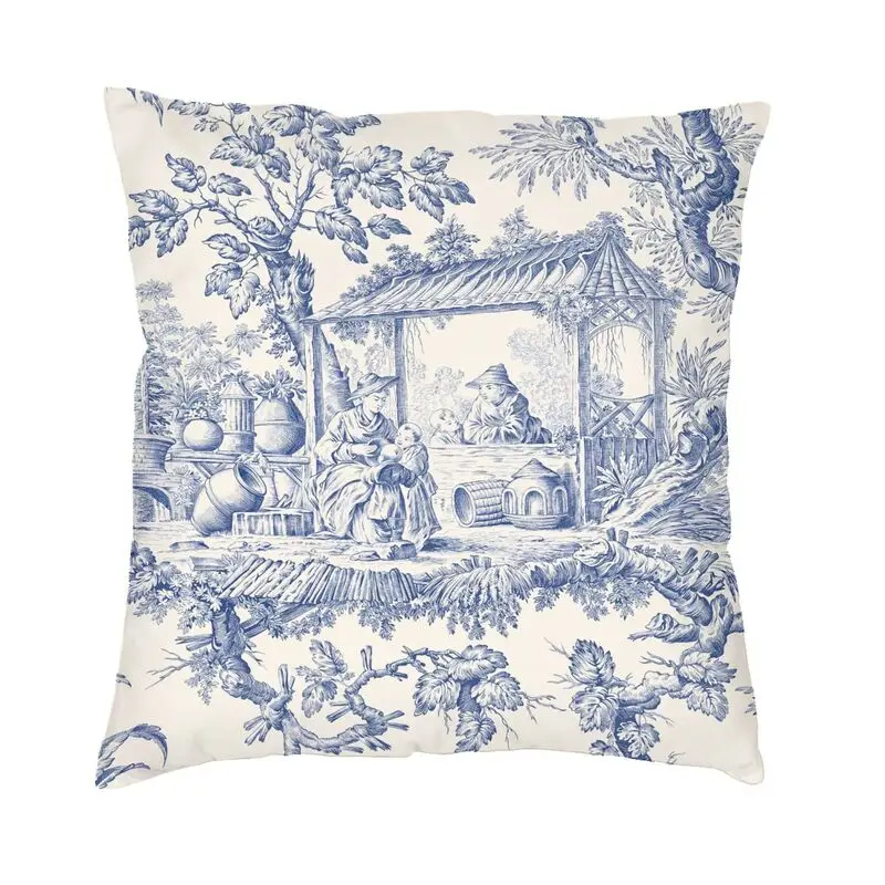 Vintage Classic French Toile De Jouy Navy Blue Throw Pillow Cover Bedroom Decoration Cushions for Sofa Square Zipper Pillowcase