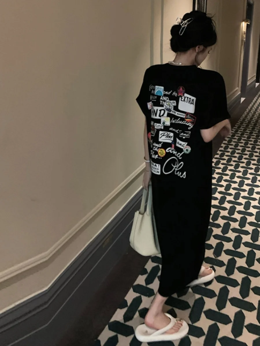 Black Short Sleeve T-Shirt Dress Women Summer Loose Midi Knee-Length Gown Back Printed Draping A-Line Korean Style Dress