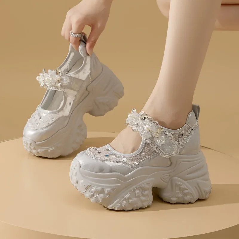 

9CM High-quality Leather Height-enhancing Shoes Women's Fashionable Soft and Comfort Rhinestone Sandals Versatile Elevator Shoes