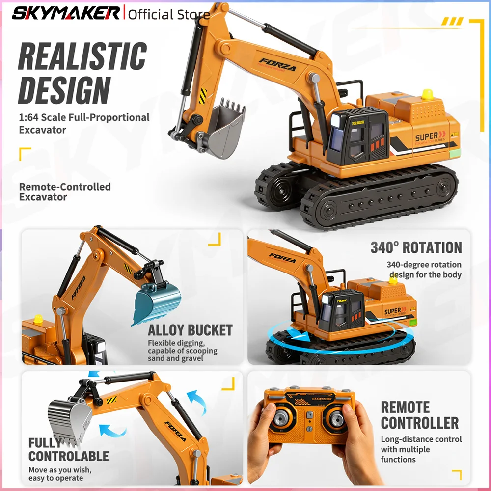 WLtoys 6402 1/64 Mini RC Alloy Excavator Full-scale Remote  Control 340° Rotatable With Sound LED Light Desktop Engineering Toys