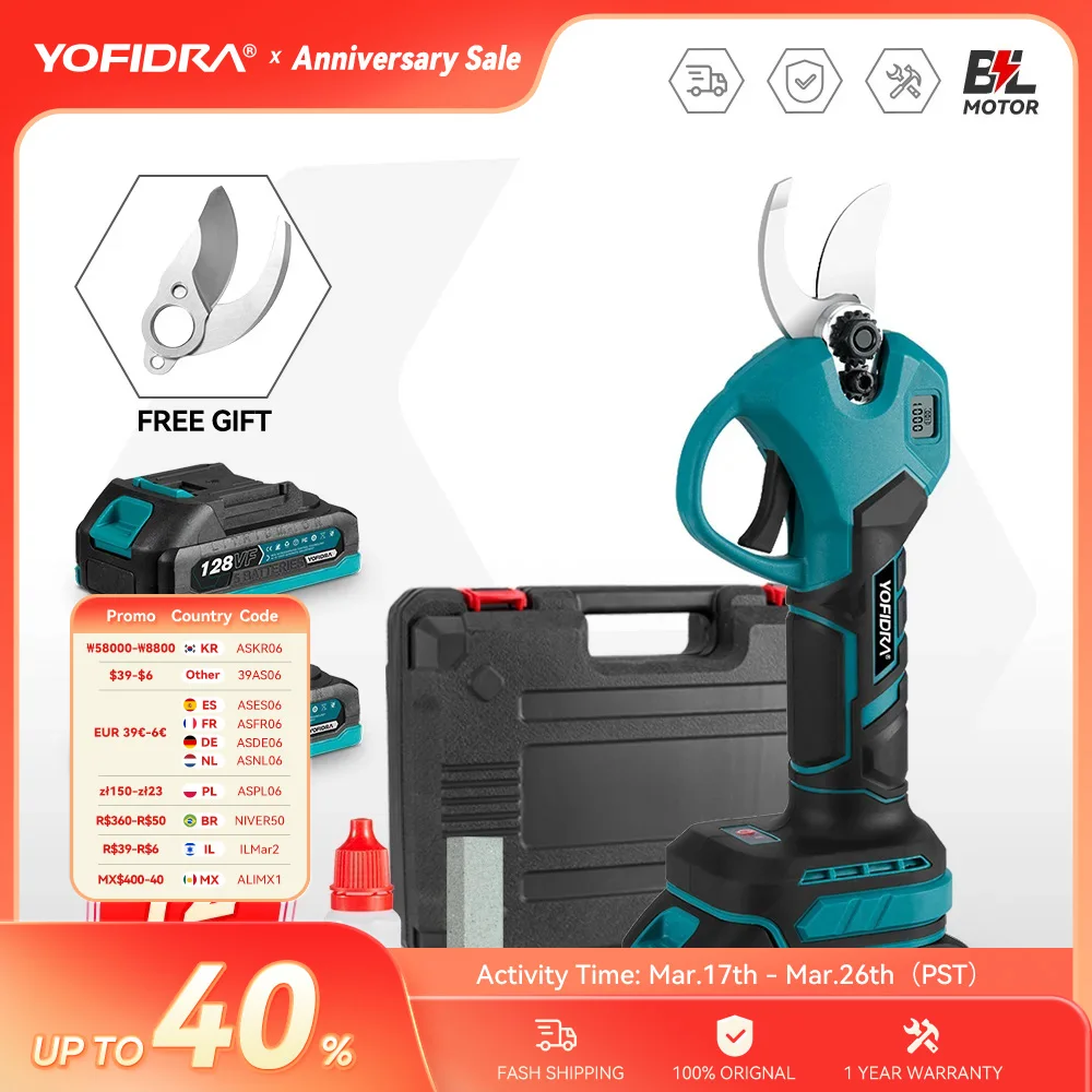 Yofidra 30mm tesouras de poda elétricas sem escova 2 engrenagens sem fio recarregável poda de bonsai de árvores frutíferas para makita 18v bateria