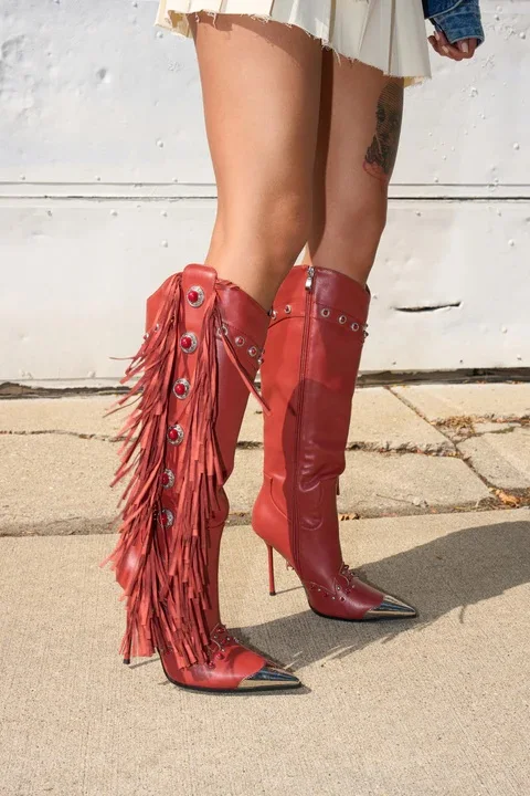 Woman Knee High Boots Fringed High Heels Rivet Boots Leather Black Buckle Strap Tassel Winter Women Boots High Quality 44
