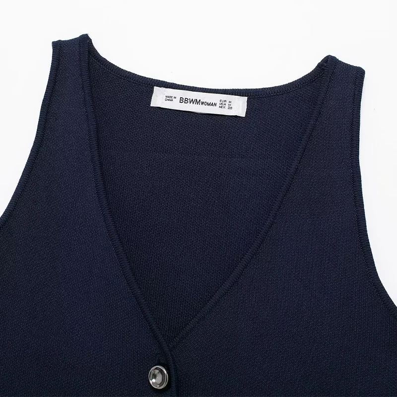 Willshela Women Fashion Navy Blue Single Breasted Knitted Vest Tank Tops Vintage V-Neck Sleeveless Female Chic Lady Top