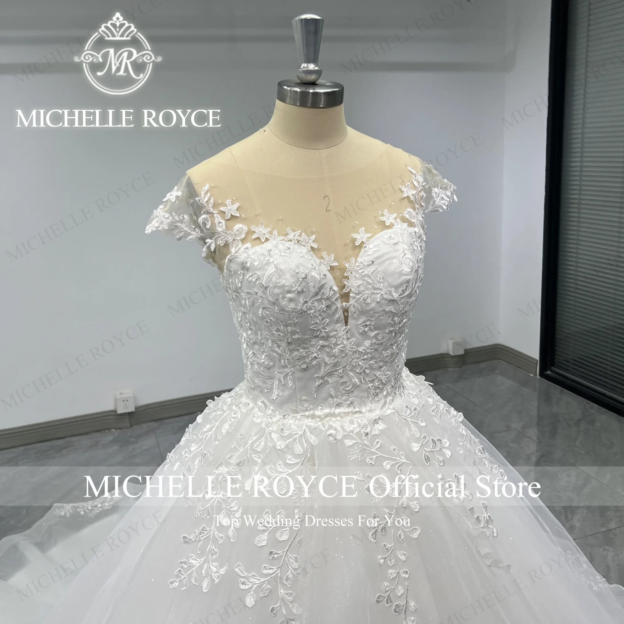 

Michelle Royce Ball Gown Wedding Dress 100% Real photos Short Sleeve Appliques Beading Sparkling Wedding Gown Vestidos De Novia