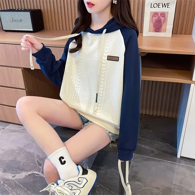 Casual Korean Contrast Color Spliced Sweatshirts 2023 Autumn Winter Fashion All-match Long Sleeve Hooded Tops Women\'s Clothing