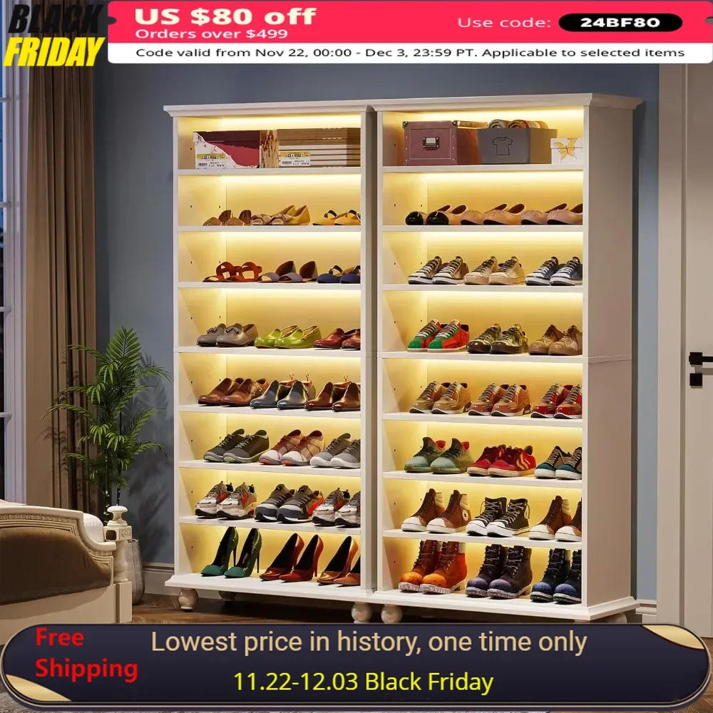 

2PCS Shoe Cabinets with LED, Solid Wooden Legs, 9-Tier 30 Pairs Freestanding Shoes Storage Cabinet, Narrow Tall Shoe Cabinets