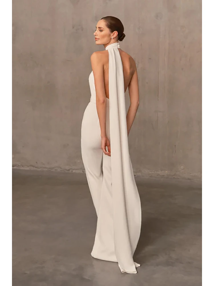 Sexy Halter Neck Long Draped Jumpsuit Women White Sleeveless Backless Slim Fit Wide Leg Jumpsuit Elegant Evening Party Runway