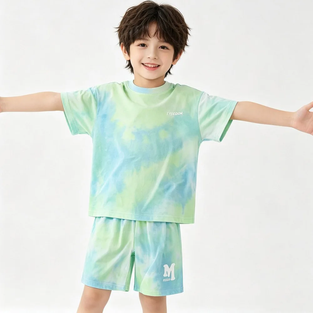 Fashion Boys Tracksuits Sets 5 to 6 7 8 9 10 11 12 13 14 Years 100% Cotton Blue Green Summer Letters Print Kids Sport Short Set