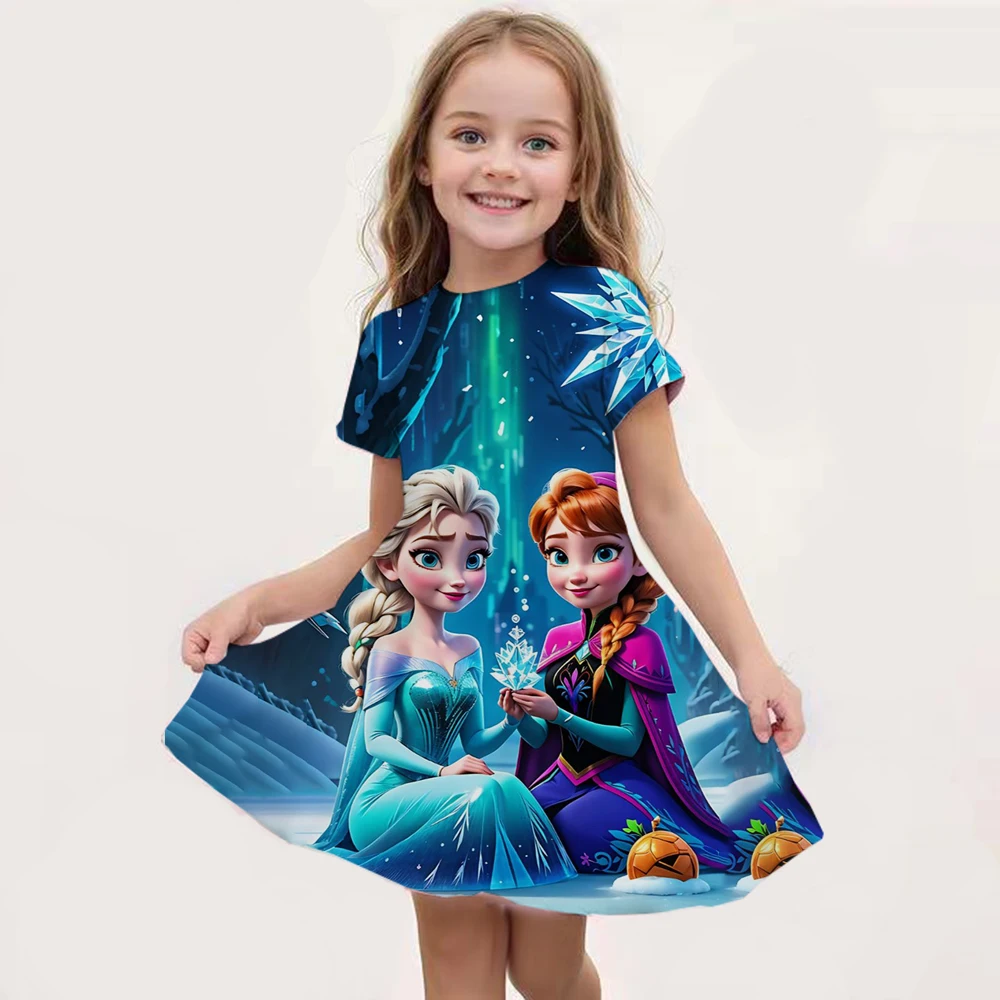 Cartoon Frozen Disneyland Trip Casual Dress for Little Girl Soft Princess Frock Kid Elsa Print Snow Queen A Line Summer Clothing