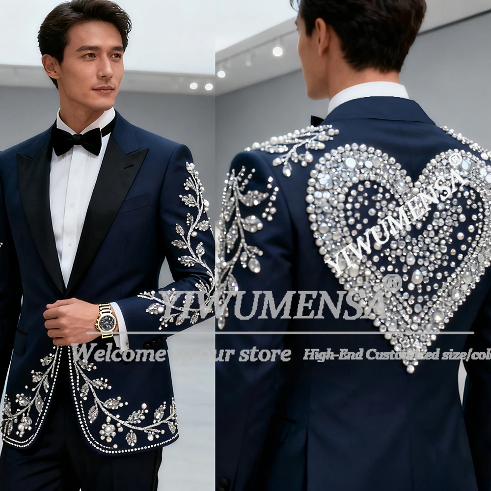 

Роскошный мужской костюм со стразами и бисером для свадьбы, шаль с лацканами, пиджаки для выпускного вечера, индивидуальный комплект из 2 предметов, однобортный пиджак, брюки