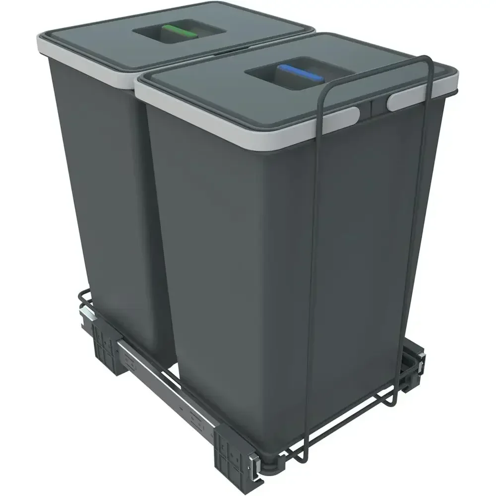 Pull-Out Waste Bin, Differentiated for General and Ecoil Waste, Plastic & Metal, Grey, 30x45x46 cm
