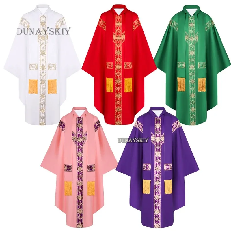 2024 جديد الكاهن الاحتفال Chasuble الكنيسة الكاثوليكية الأب الشامل سترة رداء مع شرابة رجال الدين فستان الحفلات رداء