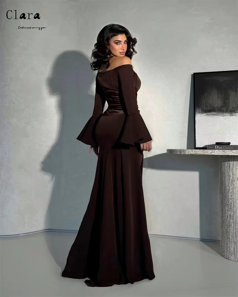 Clara personalizado fuera del hombro de manga larga cola de pez tubo Top elegante vestido de noche de boda de lujo 2025 vestidos de fiesta de lujo elegante