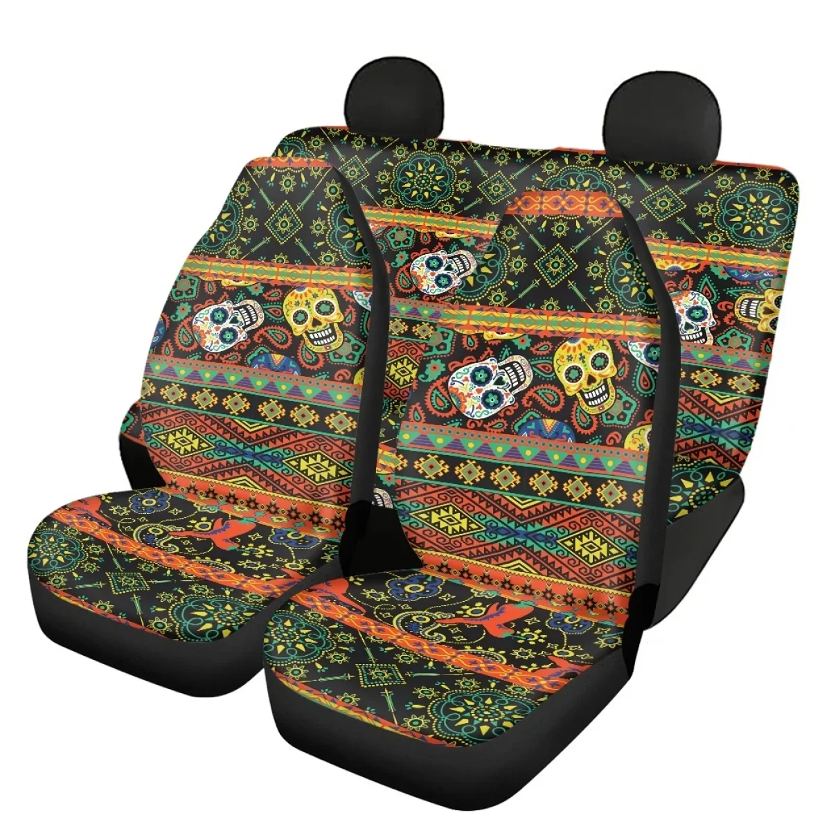 Fashion Set of 4 Car Seat Cover Mexican Style Traditional Skull Print Front and Rear Automobile Seat Protector 2023