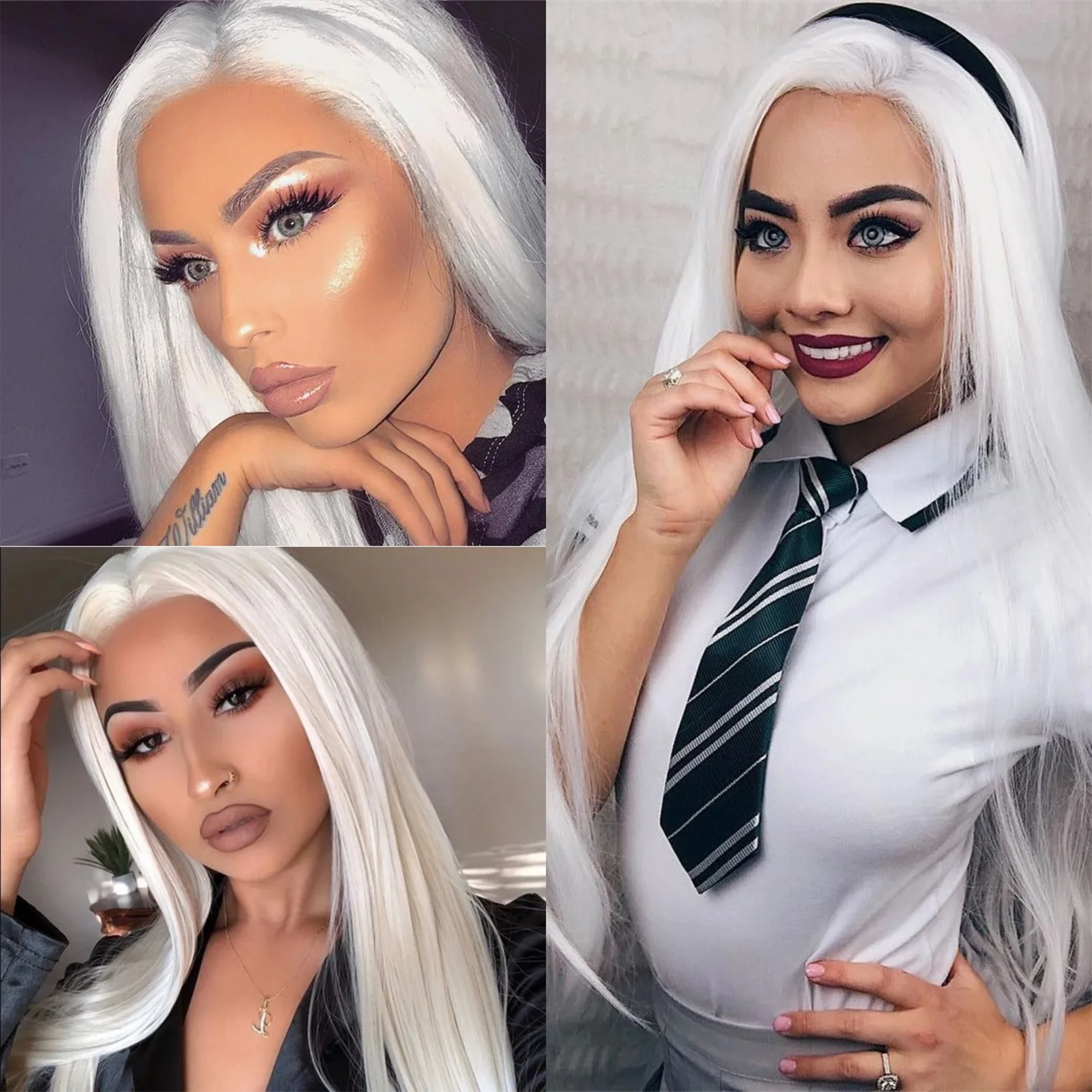Hellblonde Perücke, 28 Zoll lange, gerade synthetische Perücke aus Hochtemperaturfasern für Cosplay, Moonlight White – Detail 14