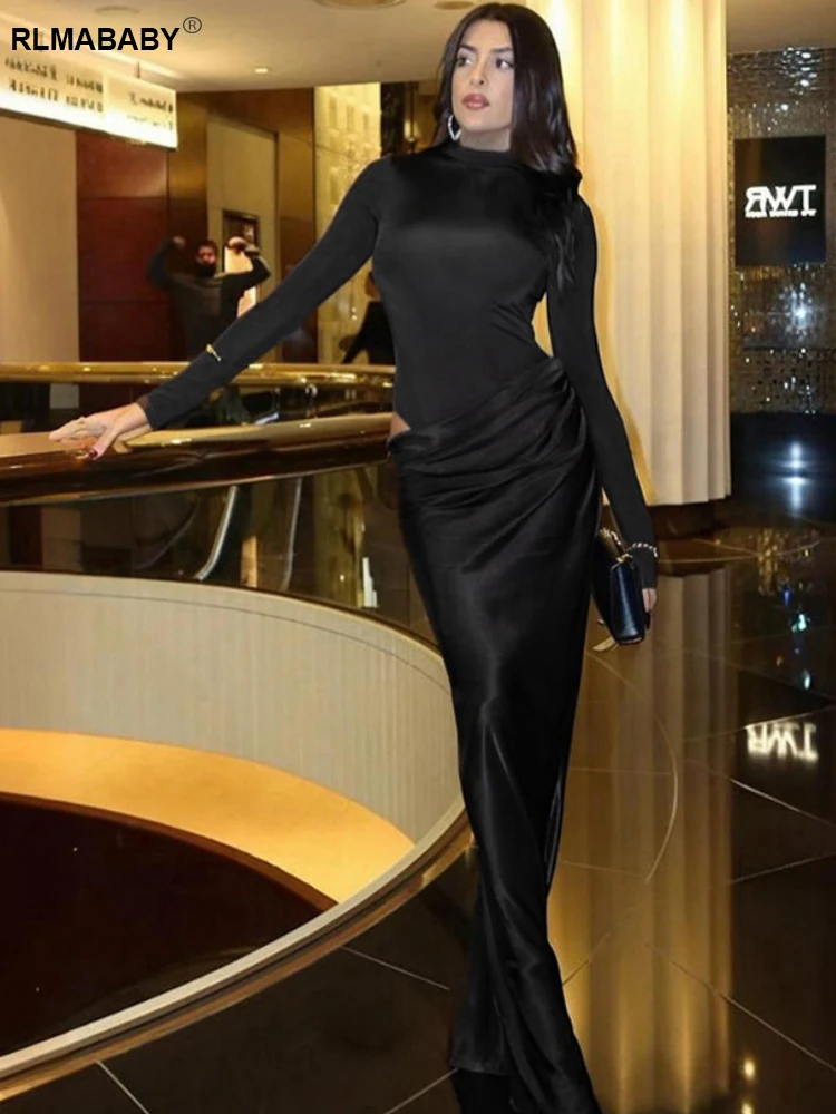 RLMABABY セクシーなホローアウトスプライスサテン レディース 秋冬 ロング ボディコン ドレス ハーフハイネック 長袖 ブラック スリム マキシドレス