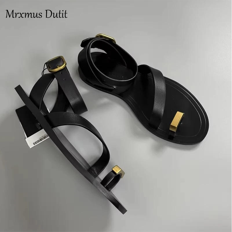 Mrxmus Dutit2023 Summer Fashion New Women Genuine Leather Flat Clip Toes Sandals Versatile Simple Casual Beach Shoes Female Chic