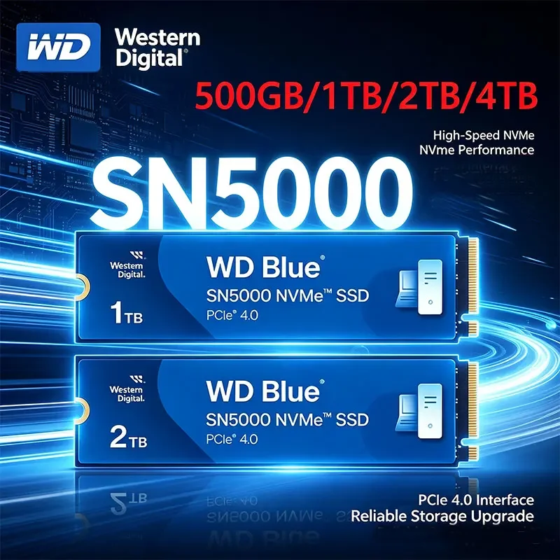 Western Digital SN5000 WD Blue 1T 2T PCIe Gen 4.0 NVMe M.2 2280 Internal SSD Hard Drive for Laptop Gaming Desktops