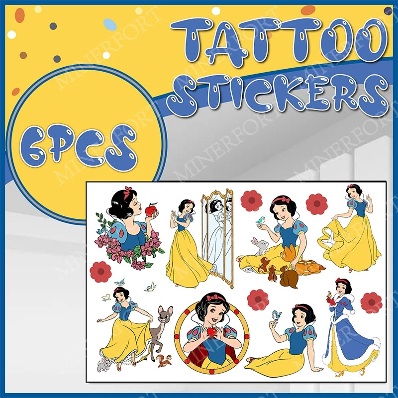 Pegatinas de Tatuajes Temporales con Temática de la Princesa Blancanieves, Personajes de Dibujos Animados para Decorar Fiestas de Cumpleaños, Regalos de Anime