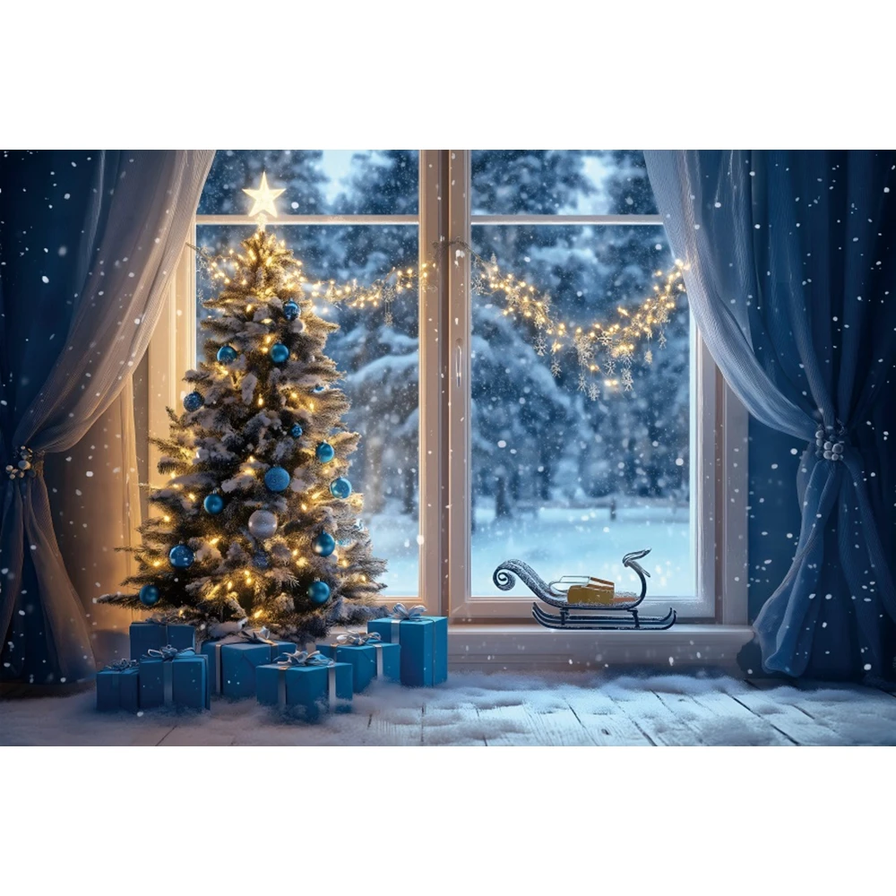 Christmas Backdrop Xmas Winter Window Curtains Frozen Pine Forest Snow White Candle Kids Family Photography Background Decor