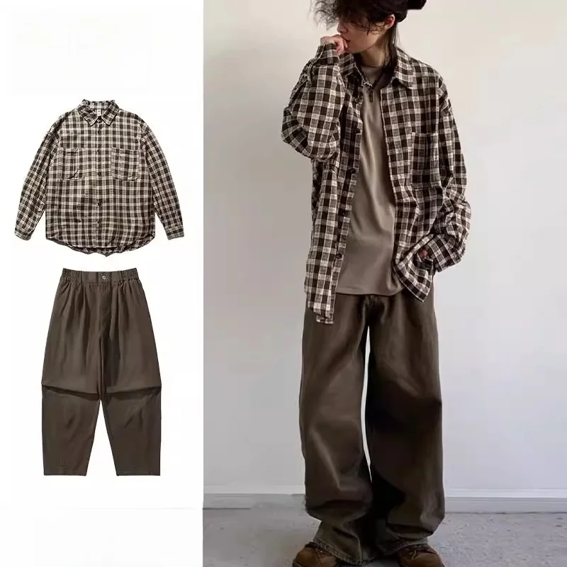 

Loose Casual Plaid Long Sleeve Shirt Unisex Autumn Winter Outerwear Couple's Style Fruit Vegetable Pattern Slant Collar Shoulder