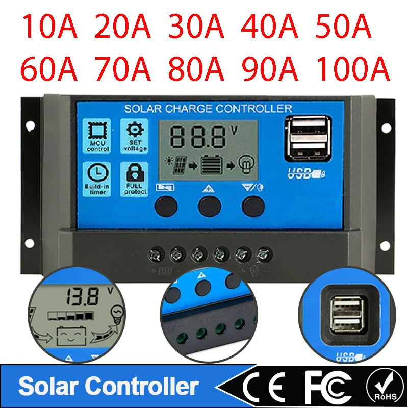 2 STKS Solar Controller 12 V/24 V Solar Regulator PWM Controller LcD Display Dual USB5V Uitgang, Solar opladen accessoires camping