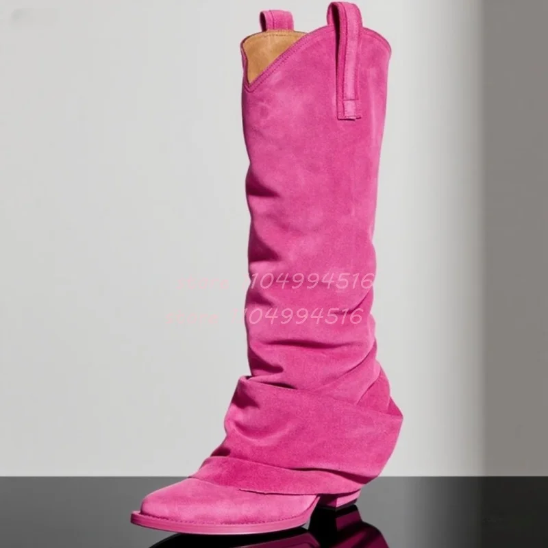 

Pink Pointed Toe Suede Knee High Boots Ladies Pleated Wedge Loose High Heels Boots Women Street Style Retro Sexy Heels