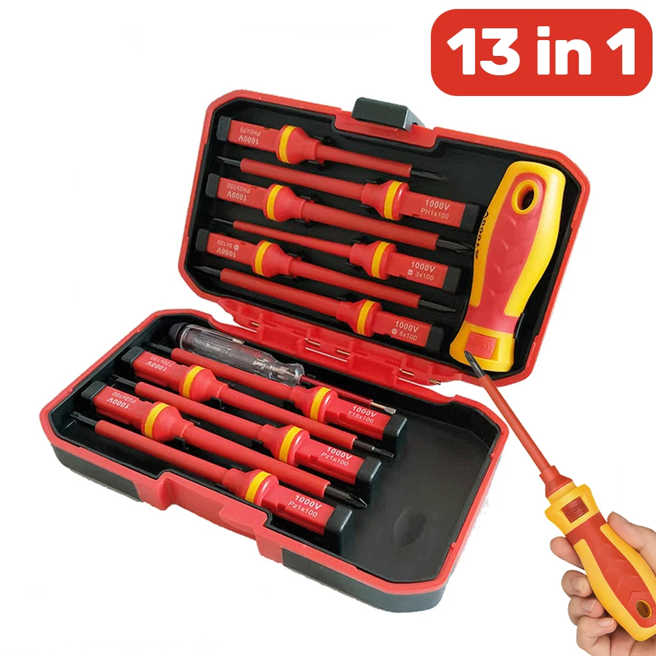 13pcs 1000V Electrician Repair Tools Kit Changeable Insulated Screwdrivers Set with Magnetic Slotted Phillips Bits