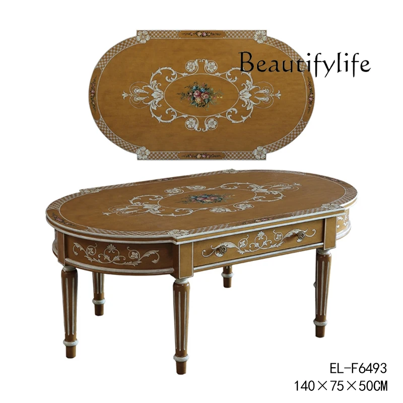 European-Style Country Luxury Hand-Painted Tulip Solid Wood Black Ribbon Drawer Egg-Shaped Tea Table