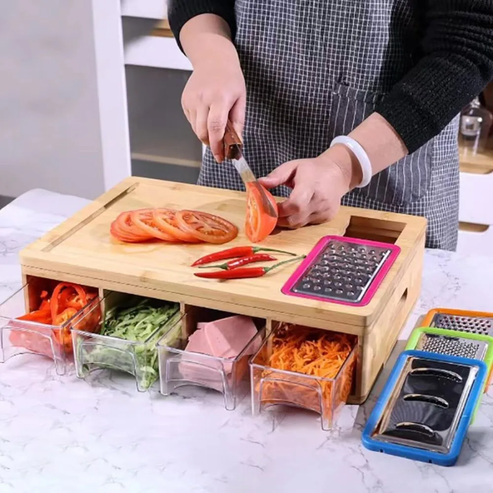 

Bamboo Multifunctional Cutting Board Set with Container and Grater Square Chopping Block Drawer Design Cutting Board