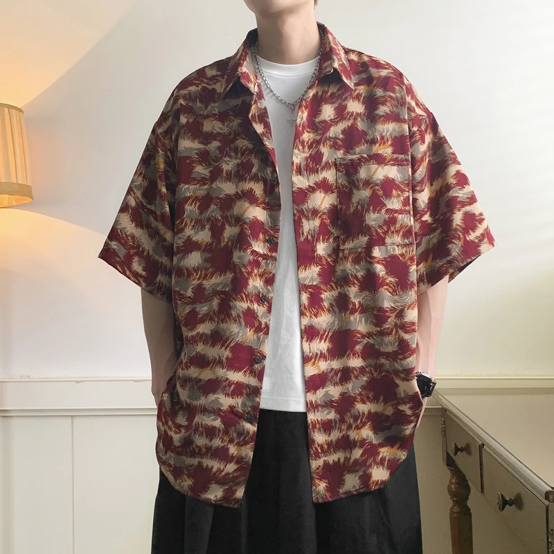 

2024 Men Summer Fashion Lapel Printed Shirt Man Casual Short Sleeves Shirts Male Button Streetwear Oversized Clothing D382