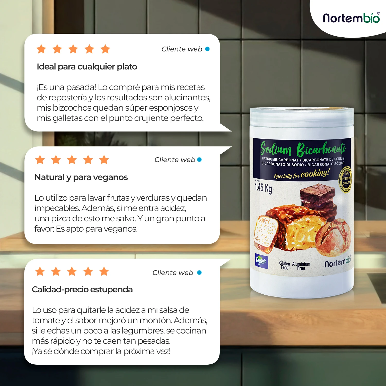 Nortembio 100% natural organic food baking soda 820g |   Cooking and pastry |   Suitable for vegans, celiacs and vegetarians |   E-book included |   Without aluminum