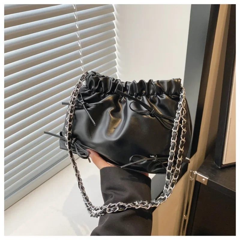 Korean Chic Sweet Shoulder Bag for Girl  Casual Cute Fashion Bow Solid Color Bucket Bag Commuter School Girl Tote HandBag image 3