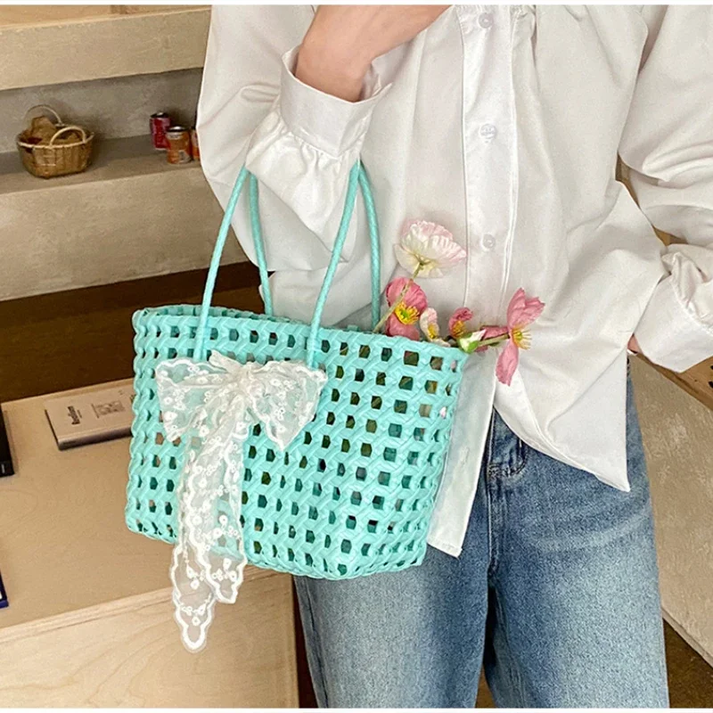 Koreanische Hohlgeflochtene Schleifen-Handtasche, Süße Einfarbige Gemüsekorb-Tasche, Lässige Vielseitige Schultertasche mit Großer Kapazität, Neu – Detail 6