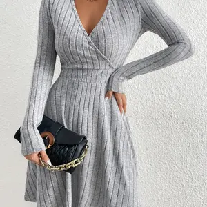 New for autumn/winter 2024 female lean mesh sexy bodycon dress with neckline in v dress of long sleeve solid casual midi sweater dress 10 Main Sales Winter Dresses - №9