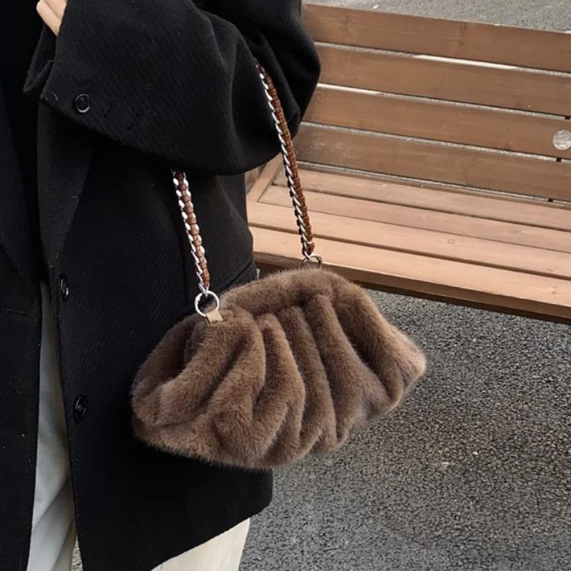 

Сумка-облако из искусственного меха с цепочкой, тканый плечевой ремень, сумка на плечо, стильная зимняя мягкая сумка-тоут, кошелек с застежкой-застежкой, плиссированная сумка подмышками