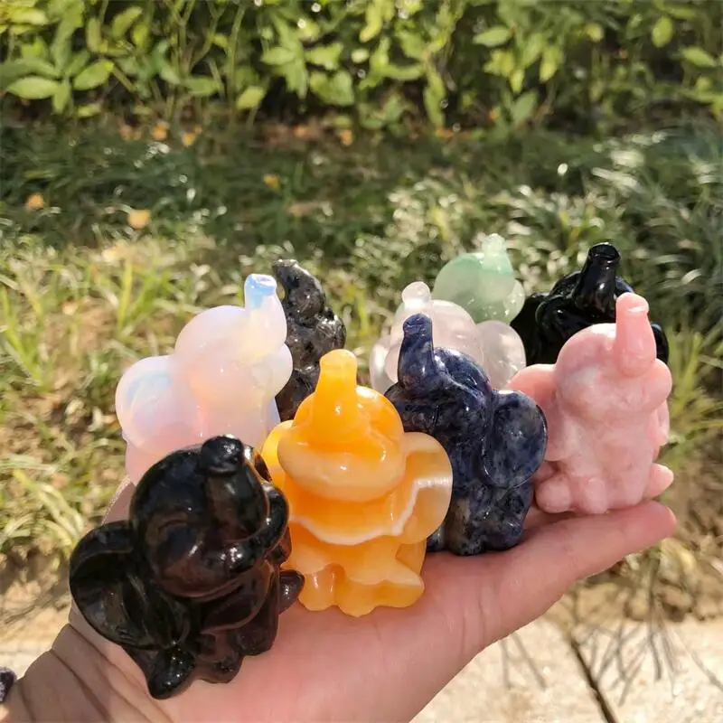 Natural Crystal Quartz Stone Elephant Carving Figurine Ornament Feng Shui Home Decor Stone Holiday Gift 1pcs